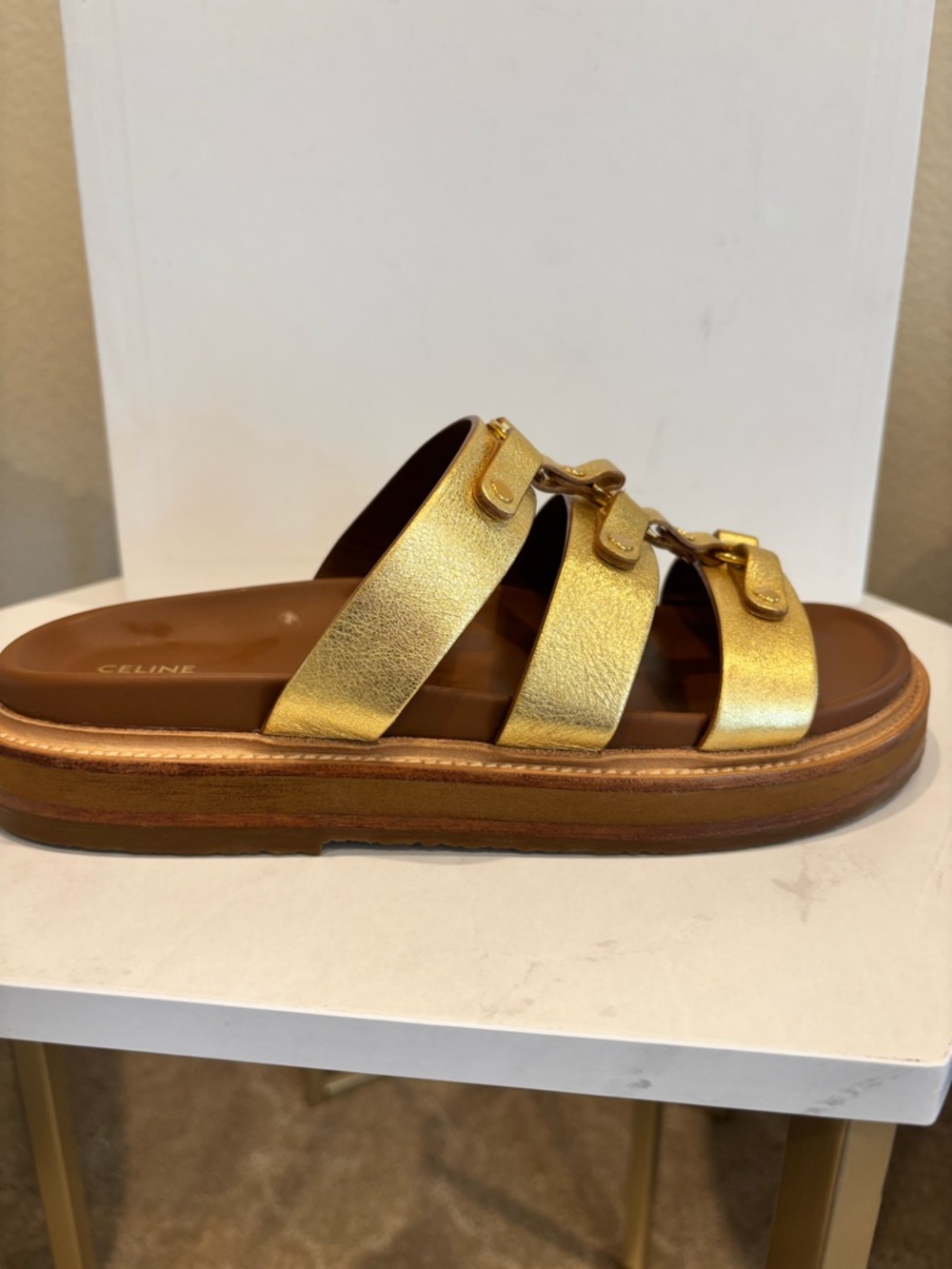 Celine Triomphe Mule 30 Metallic Gold Leather Triple-Strap Slides - Picture 3 of 14